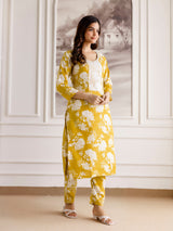 Yellow Slub Magic Cotton Digital Print Kurta Palazzo Set For Woman's Trendmalls
