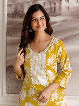 Yellow Slub Magic Cotton Digital Print Kurta Palazzo Set For Woman's Trendmalls