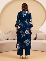 Navyblue Pure Cotton Floral Print Kurta Pant Set For Women's Trendmalls