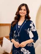 Navyblue Pure Cotton Floral Print Kurta Pant Set For Women's Trendmalls