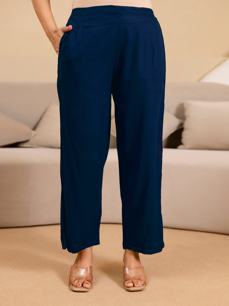 Navyblue Pure Cotton Floral Print Kurta Pant Set For Women's Trendmalls