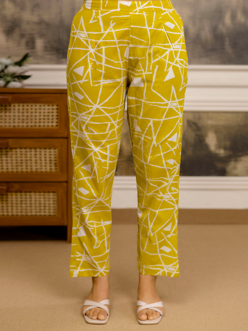 Yellow Pure Cotton Floral Print Kurta Pant Set For Women's