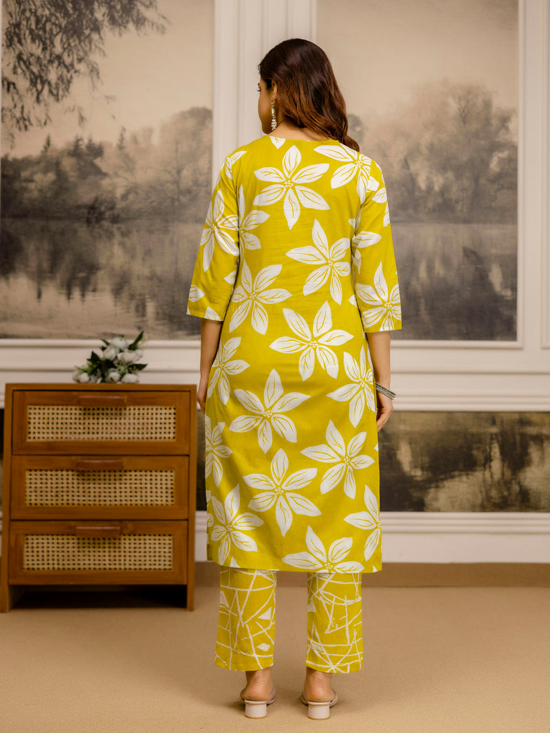 Yellow Pure Cotton Floral Print Kurta Pant Set For Women's