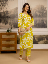 Yellow Pure Cotton Floral Print Kurta Pant Set For Women's