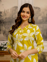Yellow Pure Cotton Floral Print Kurta Pant Set For Women's