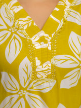 Yellow Pure Cotton Floral Print Kurta Pant Set For Women's