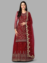 Maroon Net Embroidery Salwar Suit Set Kurta Lehenga with Dupatta Kurta Set for Women's Trendmallsin