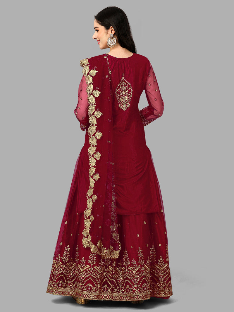 Maroon Net Embroidery Salwar Suit Set Kurta Lehenga with Dupatta Kurta Set for Women's Trendmallsin