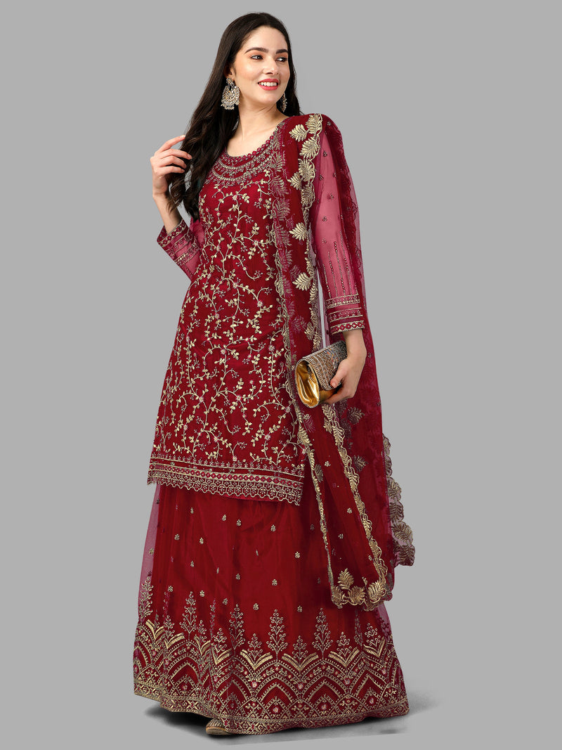 Maroon Net Embroidery Salwar Suit Set Kurta Lehenga with Dupatta Kurta Set for Women's Trendmallsin
