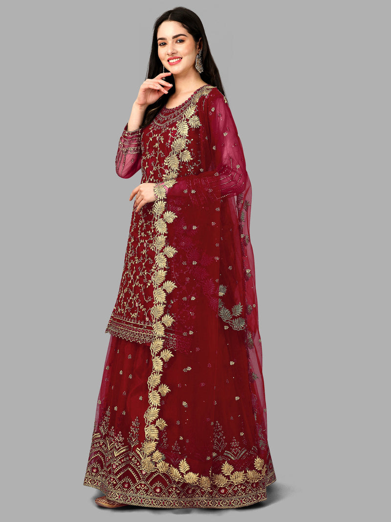 Maroon Net Embroidery Salwar Suit Set Kurta Lehenga with Dupatta Kurta Set for Women's Trendmallsin