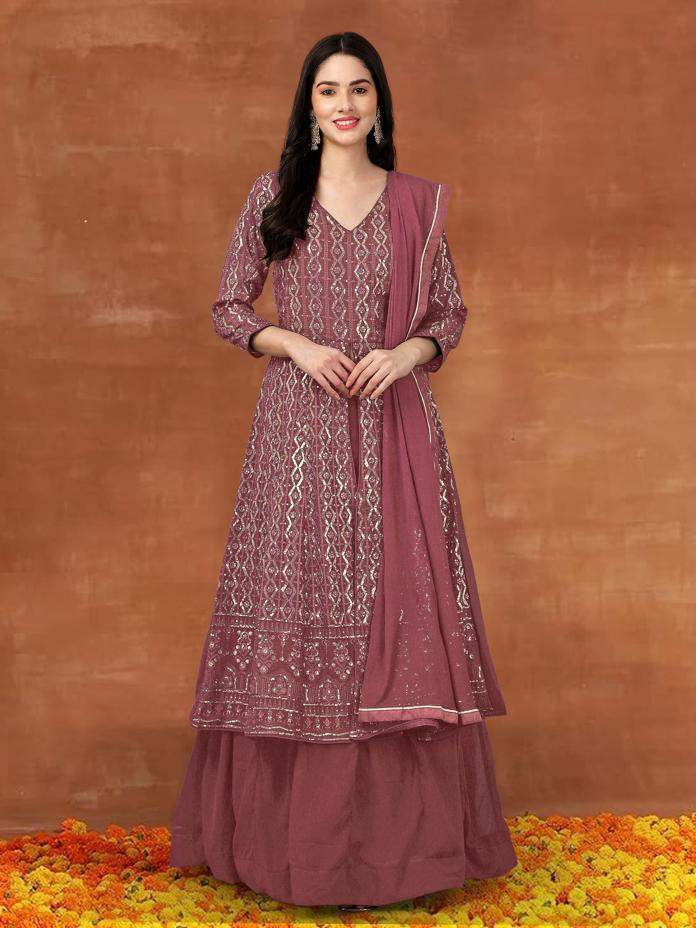 DarkPeach  Georgette Embroidery Anarklai Suit Set Kurta Lehenga with Dupatta Kurta Set for Women's Trendmallsin