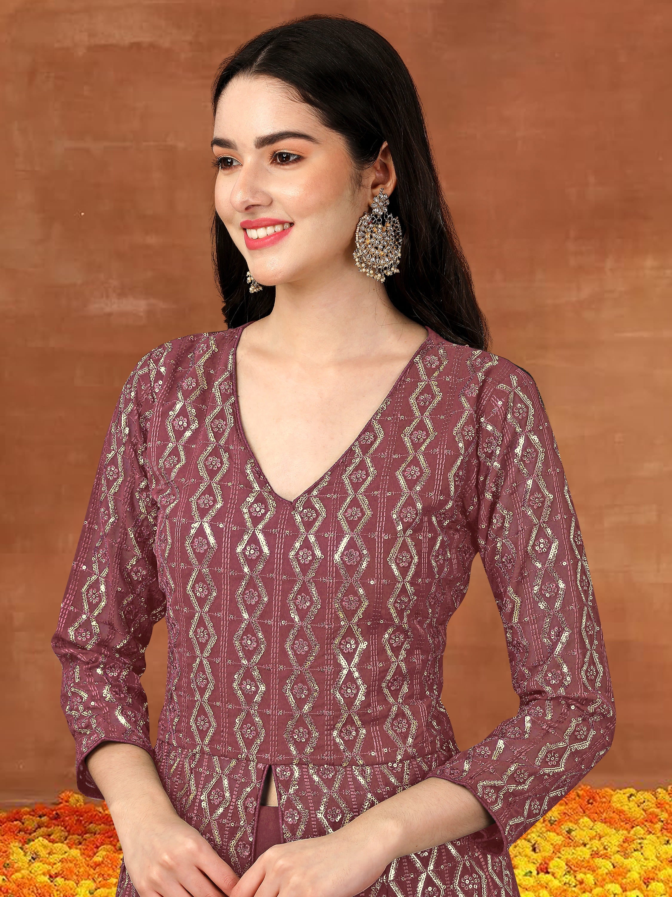 DarkPeach  Georgette Embroidery Anarklai Suit Set Kurta Lehenga with Dupatta Kurta Set for Women's Trendmallsin