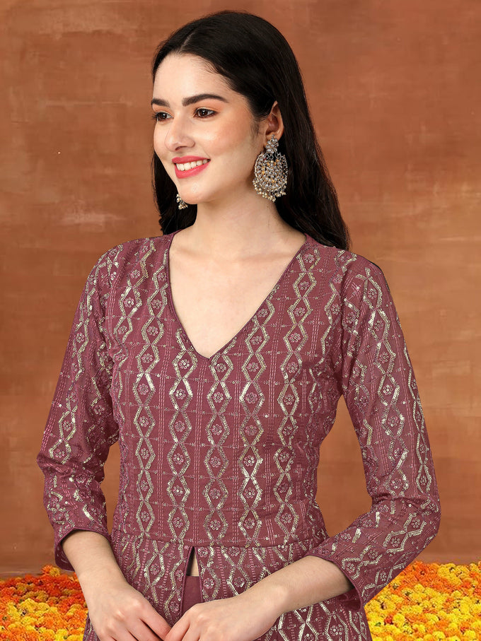 DarkPeach  Georgette Embroidery Anarklai Suit Set Kurta Lehenga with Dupatta Kurta Set for Women's Trendmallsin