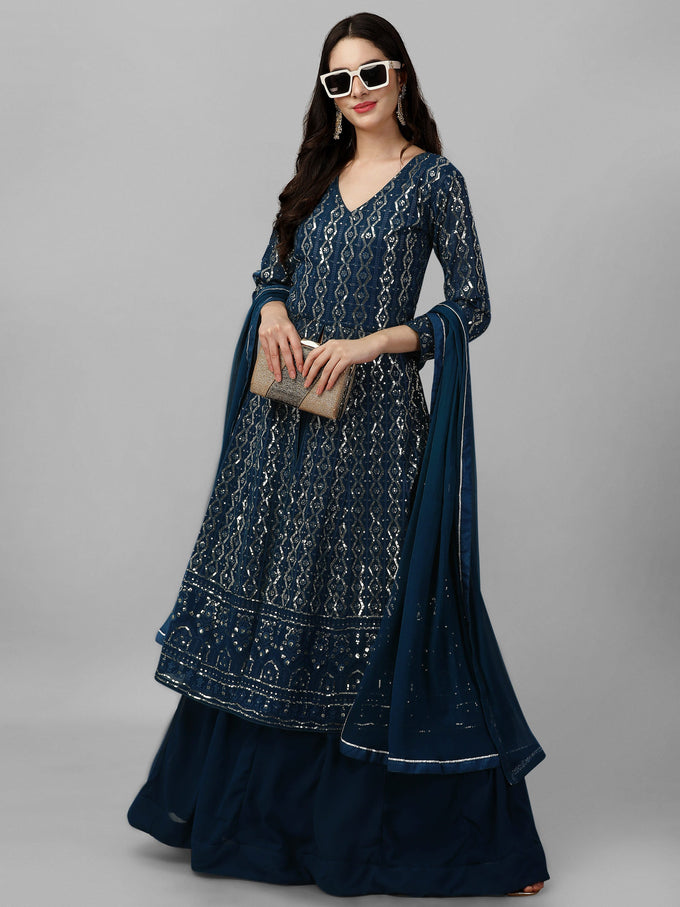 Morpeach Georgette Embroidery Anarklai Suit Set Kurta Lehenga with Dupatta Kurta Set for Women's Trendmallsin