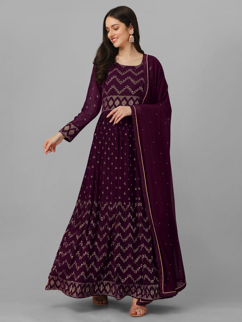 Purple Georgette Embroidery Anarkali Salwar Suit Set with Dupatta For Women's Trendmallsin