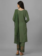 Dark Green Cotton Embroidery Salwar Suit Set with Dupatta for Women's Trendmallsin