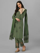 Dark Green Cotton Embroidery Salwar Suit Set with Dupatta for Women's Trendmallsin