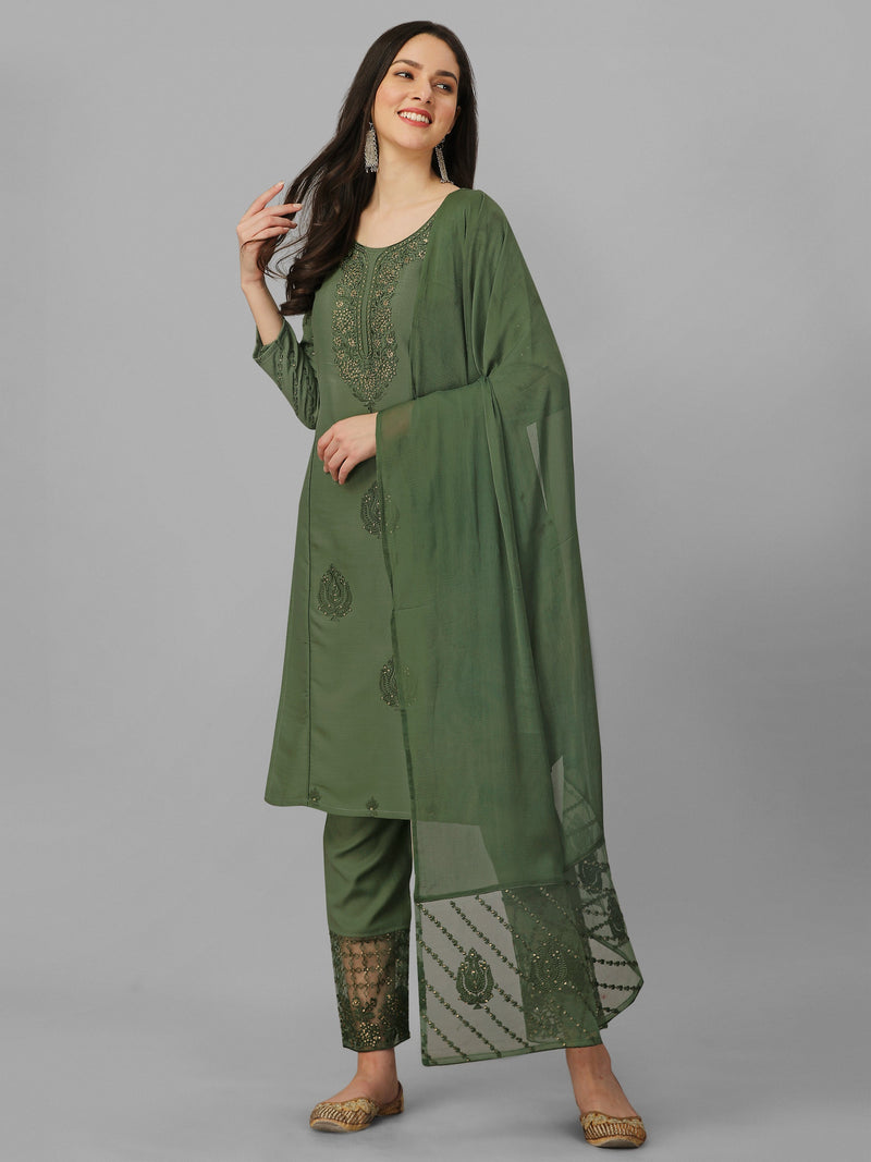 Dark Green Cotton Embroidery Salwar Suit Set with Dupatta for Women's Trendmallsin