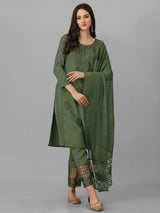 Dark Green Cotton Embroidery Salwar Suit Set with Dupatta for Women's Trendmallsin