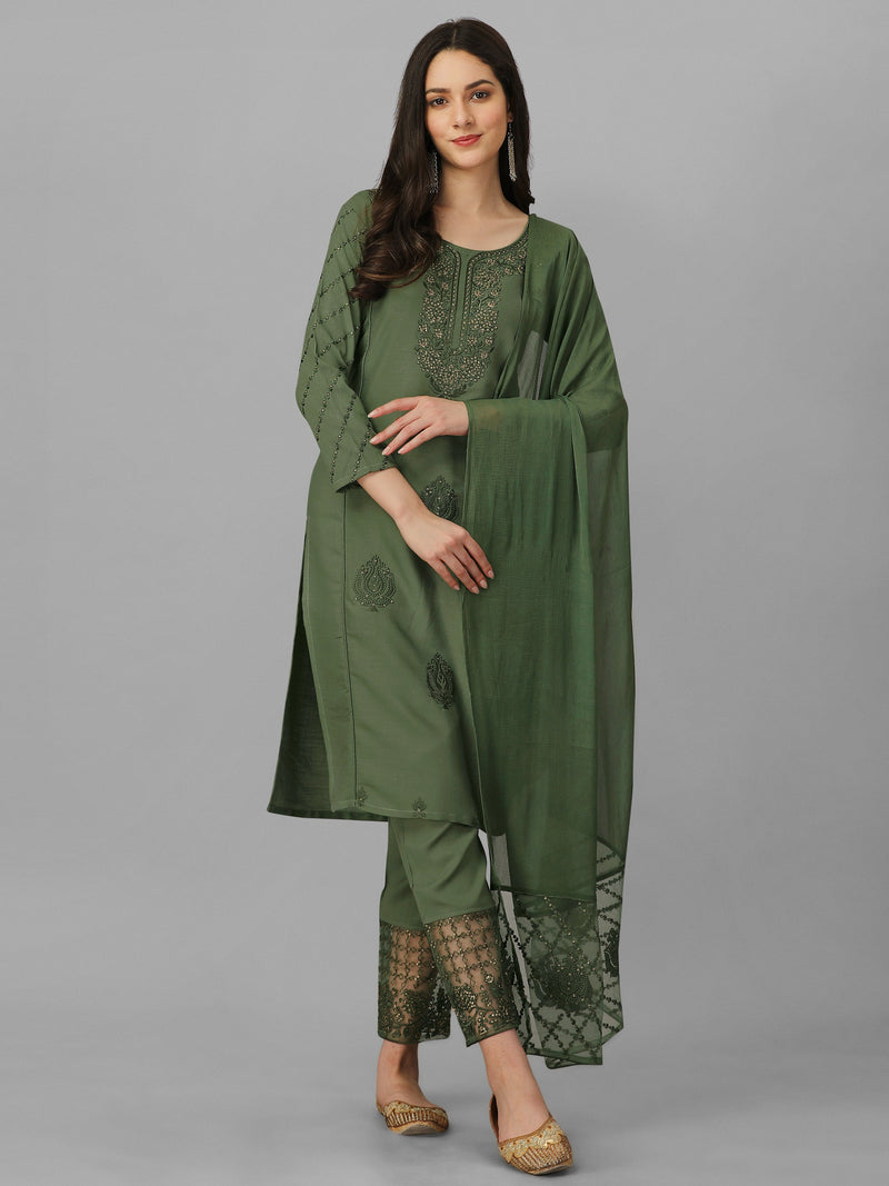 Dark Green Cotton Embroidery Salwar Suit Set with Dupatta for Women's Trendmallsin