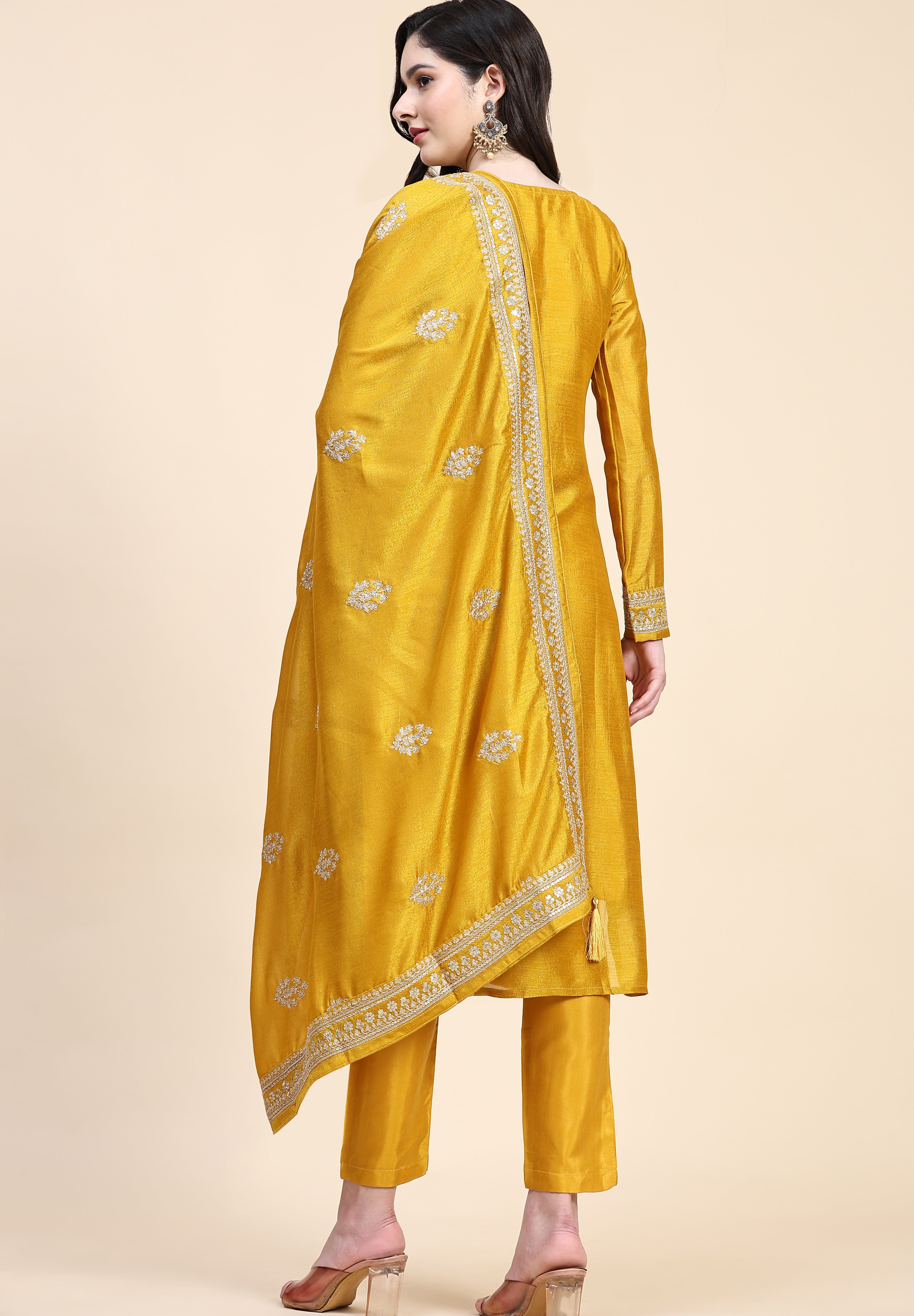 Yellow Vichitra Silk Embroidery Salwar Suit Set with Dupatta for Women's Trendmallsin