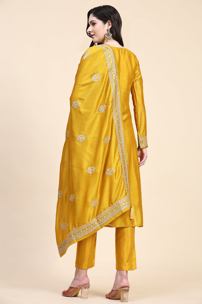 Yellow Vichitra Silk Embroidery Salwar Suit Set with Dupatta for Women's Trendmallsin
