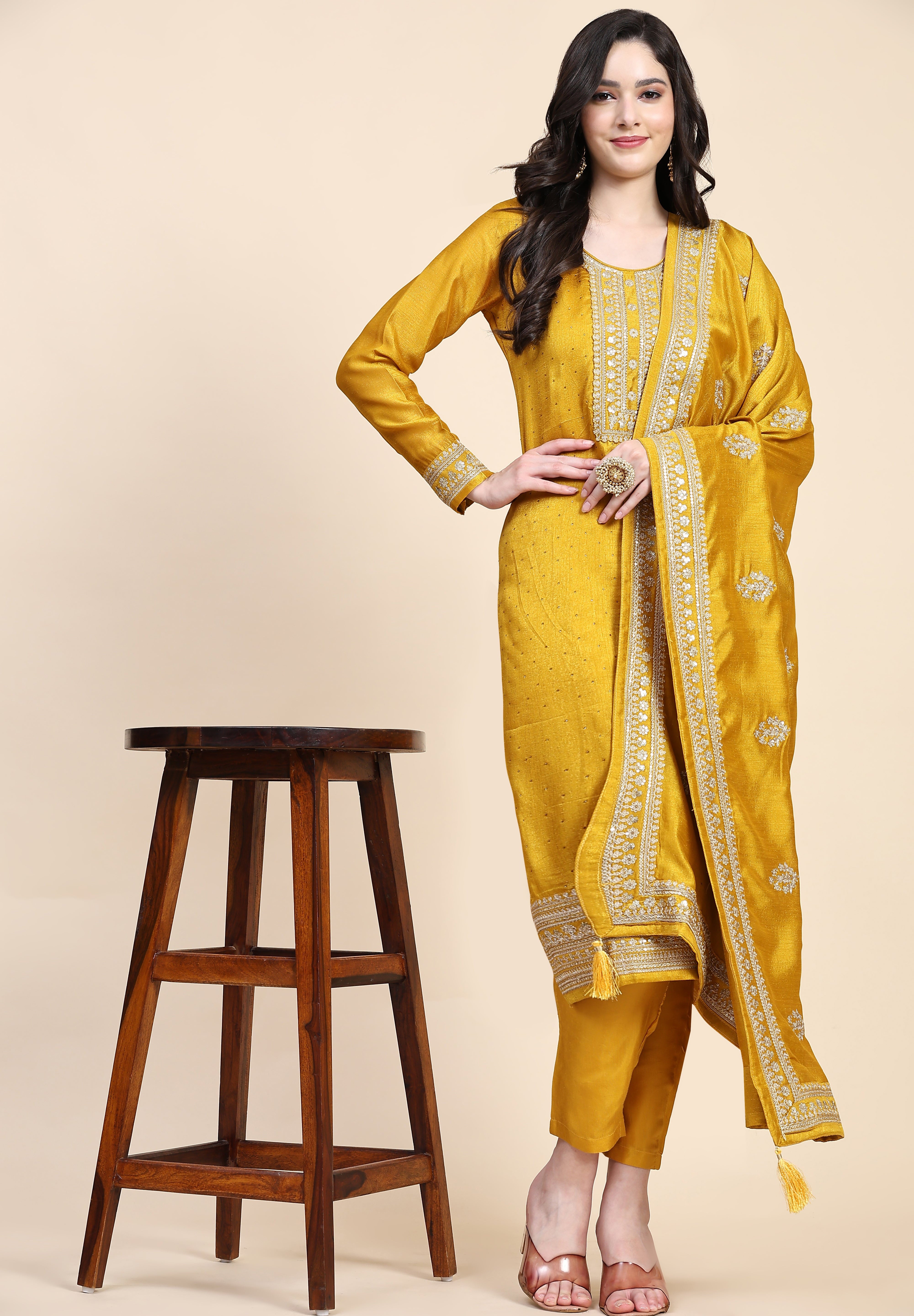 Yellow Vichitra Silk Embroidery Salwar Suit Set with Dupatta for Women's Trendmallsin