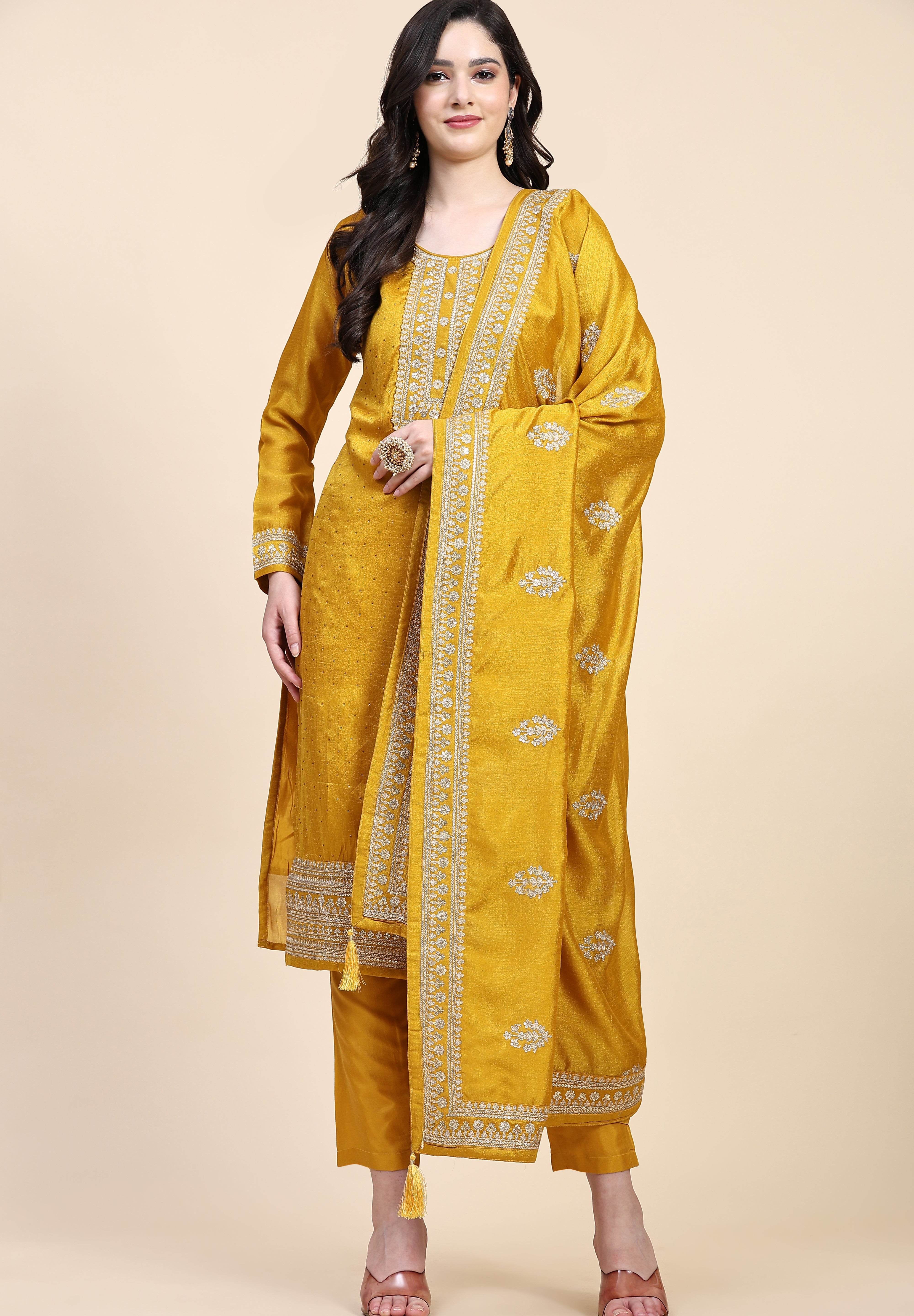 Yellow Vichitra Silk Embroidery Salwar Suit Set with Dupatta for Women's Trendmallsin