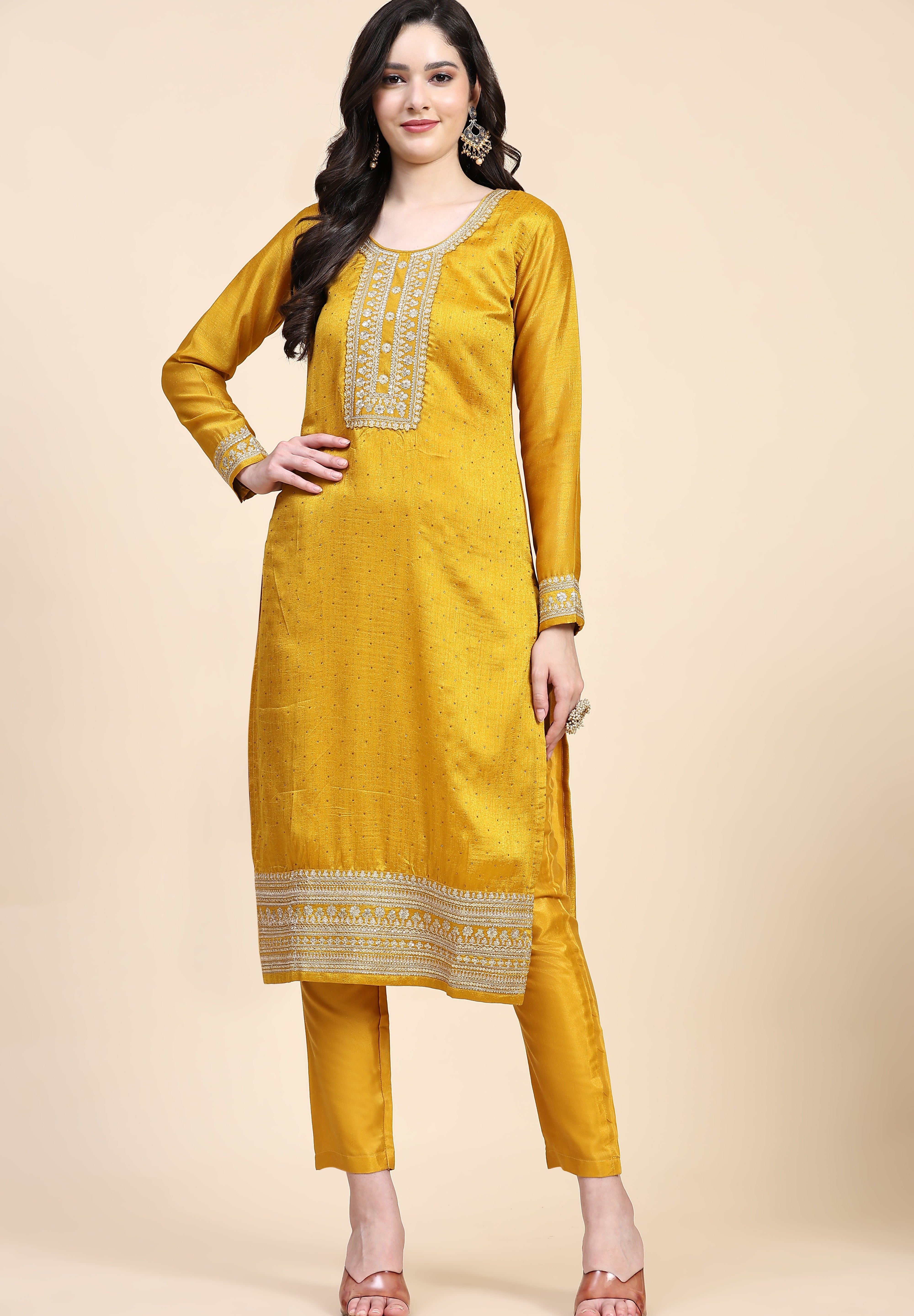 Yellow Vichitra Silk Embroidery Salwar Suit Set with Dupatta for Women's Trendmallsin
