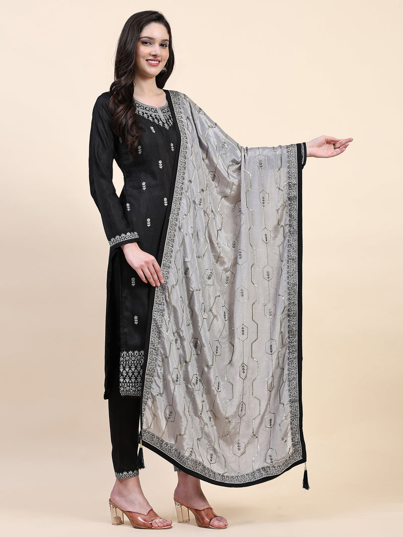 Black Vichitra Silk Embroidery Salwar Suit Set Kurta Pant with Dupatta Black Kurta Set for Women's Trendmallsin