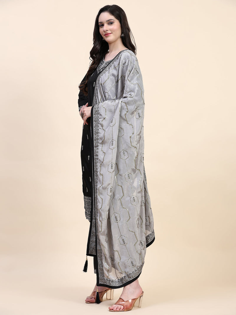 Black Vichitra Silk Embroidery Salwar Suit Set Kurta Pant with Dupatta Black Kurta Set for Women's Trendmallsin