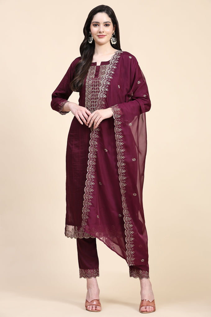 Purple Cotton Embroidery Salwar Suit Set with Dupatta for Women's Trendmallsin