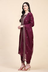 Purple Cotton Embroidery Salwar Suit Set with Dupatta for Women's Trendmallsin