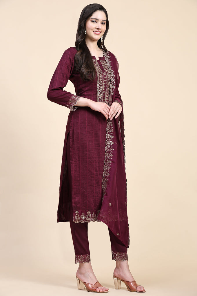 Purple Cotton Embroidery Salwar Suit Set with Dupatta for Women's Trendmallsin