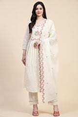 White Pure Cotton Schiffli  Embroidery Salwar Suit Set with Dupatta For Women's Trendmallsin