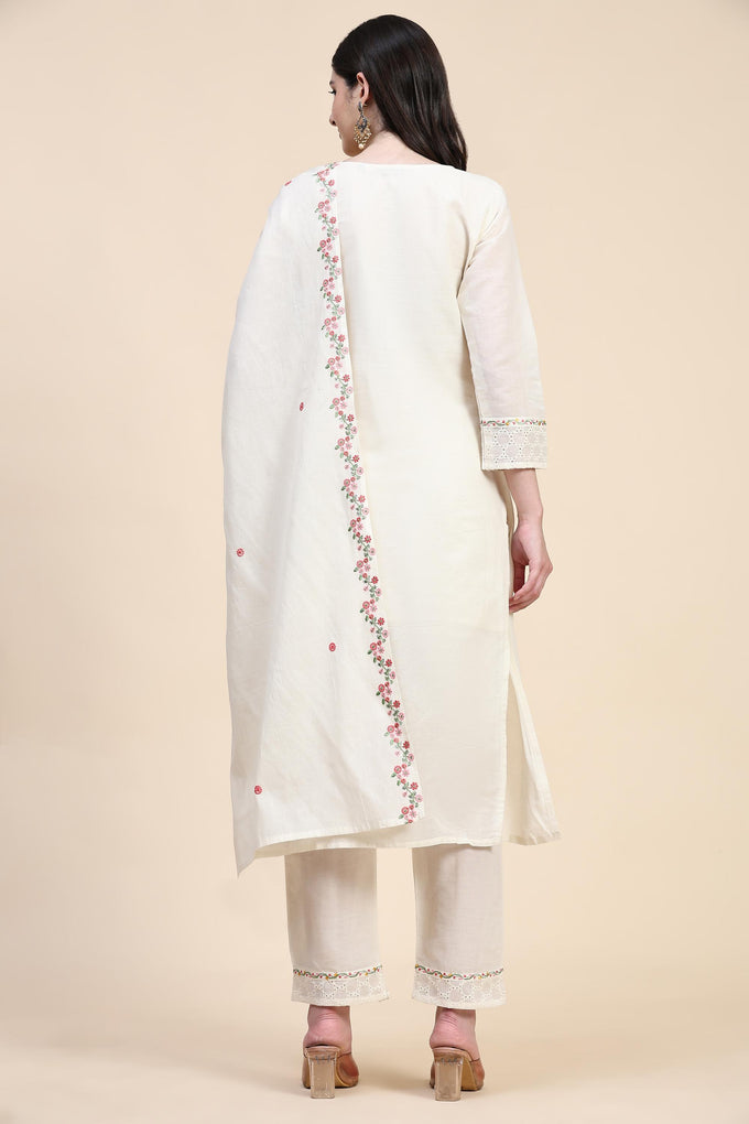 White Pure Cotton Schiffli  Embroidery Salwar Suit Set with Dupatta For Women's Trendmallsin