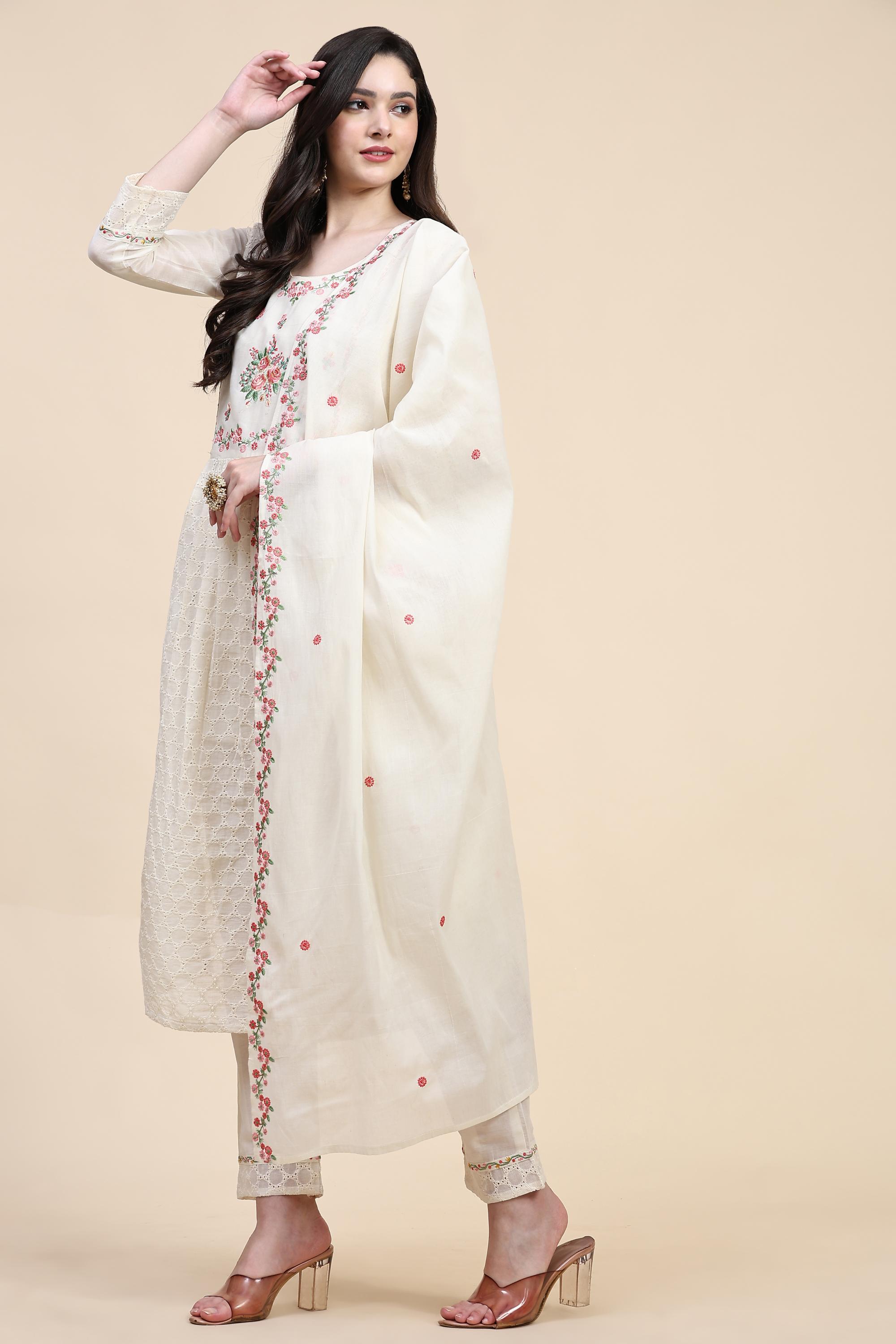 White Pure Cotton Schiffli  Embroidery Salwar Suit Set with Dupatta For Women's Trendmallsin