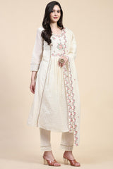 White Pure Cotton Schiffli  Embroidery Salwar Suit Set with Dupatta For Women's Trendmallsin
