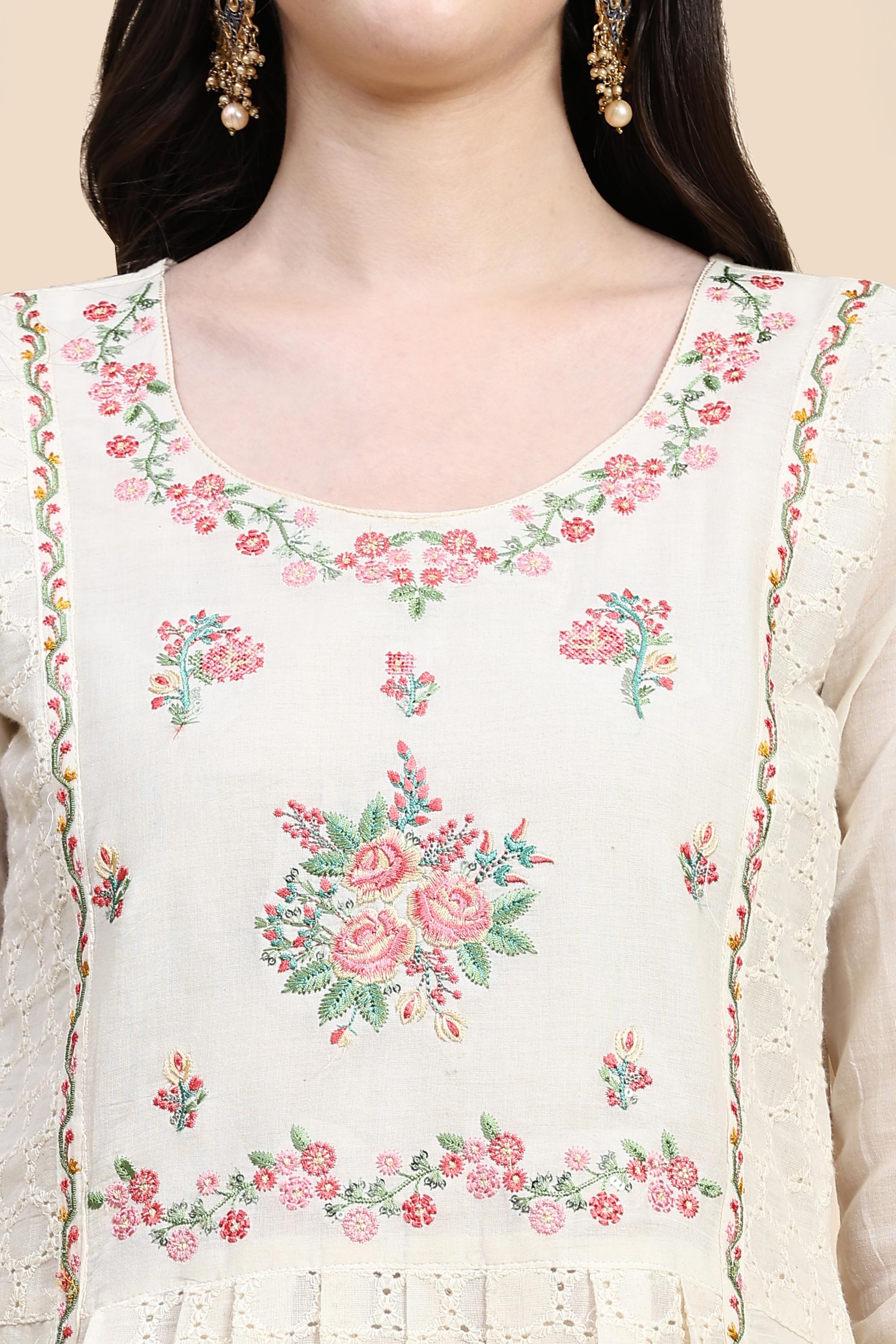 White Pure Cotton Schiffli  Embroidery Salwar Suit Set with Dupatta For Women's Trendmallsin