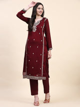 Maroon Vichitra Silk Embroidery Salwar Suit Set with Dupatta for Women's Trendmallsin