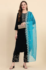 Blue Velvet Embroidery Salwar Suit Set with Dupatta For Women's Trendmallsin