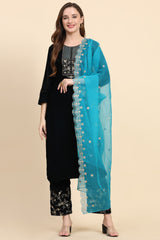 Blue Velvet Embroidery Salwar Suit Set with Dupatta For Women's Trendmallsin