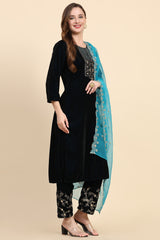 Blue Velvet Embroidery Salwar Suit Set with Dupatta For Women's Trendmallsin