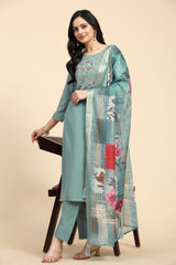 LightGreen Cotton Hand work Salwar Suit Set with Printed Dupatta  for Women's Trendmallsin