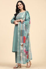 LightGreen Cotton Hand work Salwar Suit Set with Printed Dupatta  for Women's Trendmallsin