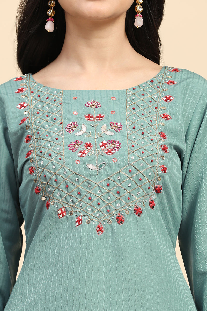 LightGreen Cotton Hand work Salwar Suit Set with Printed Dupatta  for Women's Trendmallsin