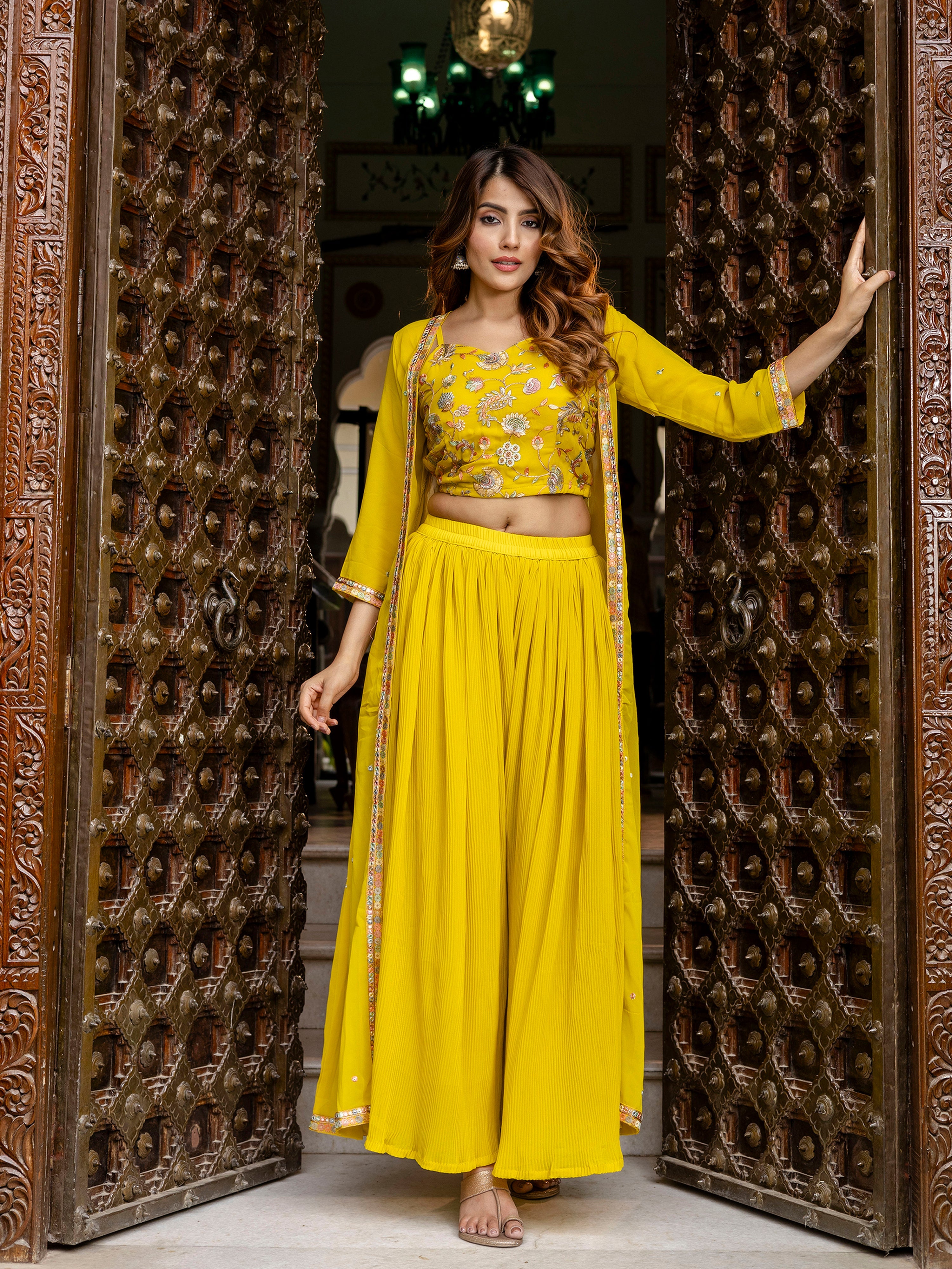 Women's Georgette Embroidery Crop Top with Flared Pleated Palazzo and Shrug Set Trendmallsin