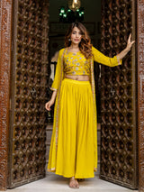 Women's Georgette Embroidery Crop Top with Flared Pleated Palazzo and Shrug Set Trendmallsin