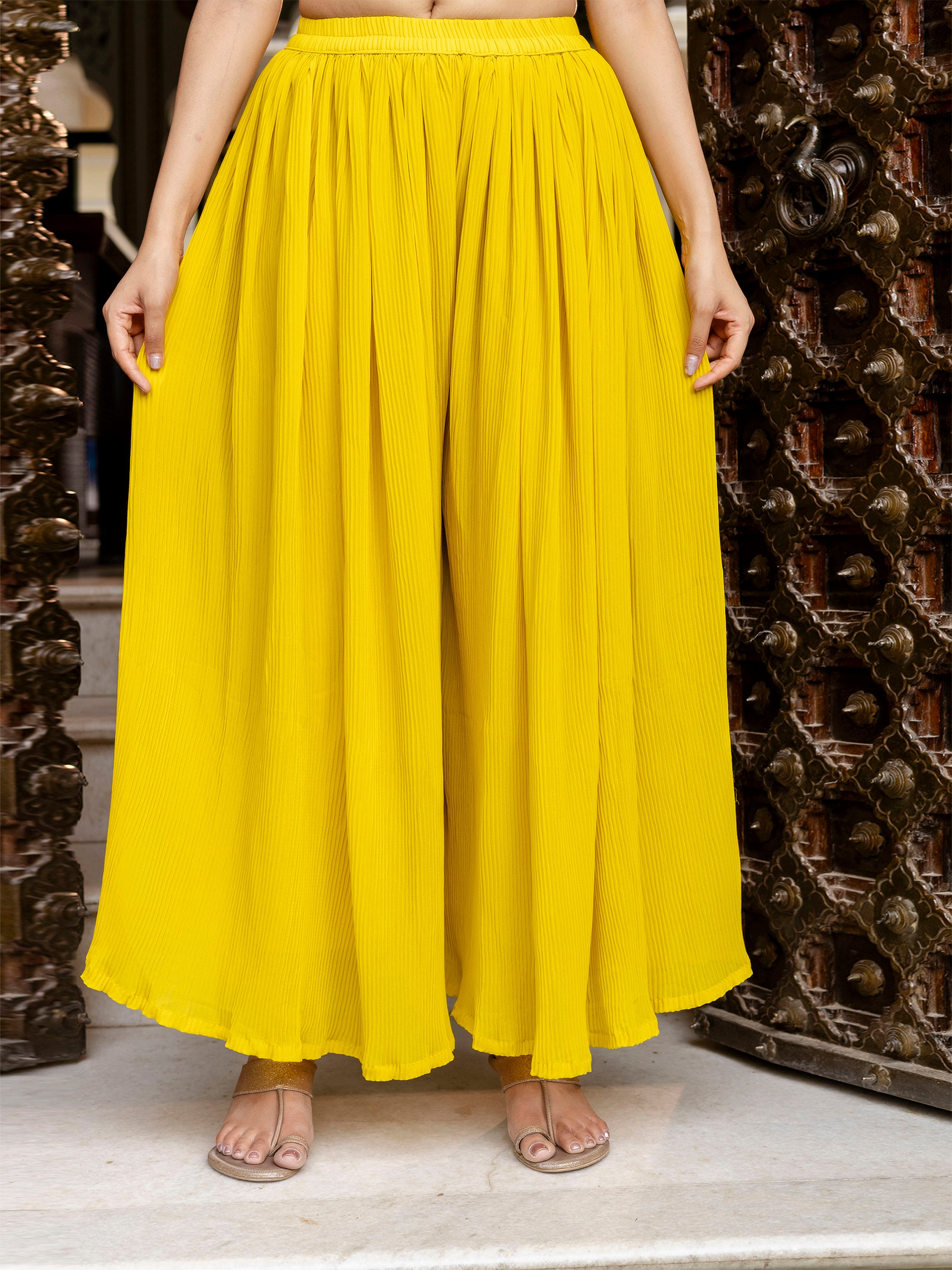 Women's Georgette Embroidery Crop Top with Flared Pleated Palazzo and Shrug Set Trendmallsin