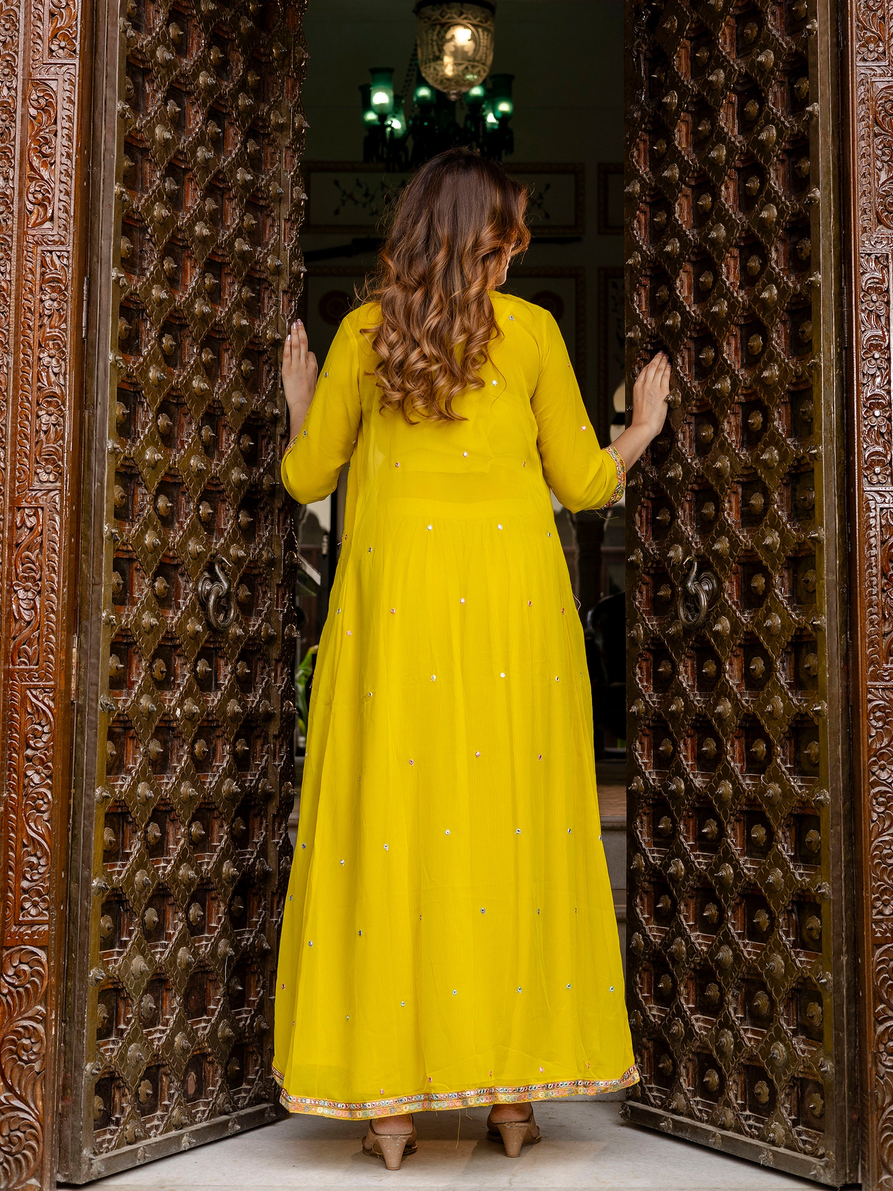 Women's Georgette Embroidery Crop Top with Flared Pleated Palazzo and Shrug Set Trendmallsin